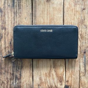 Roberto Cavalli Black Leather Continental Zip Wallet